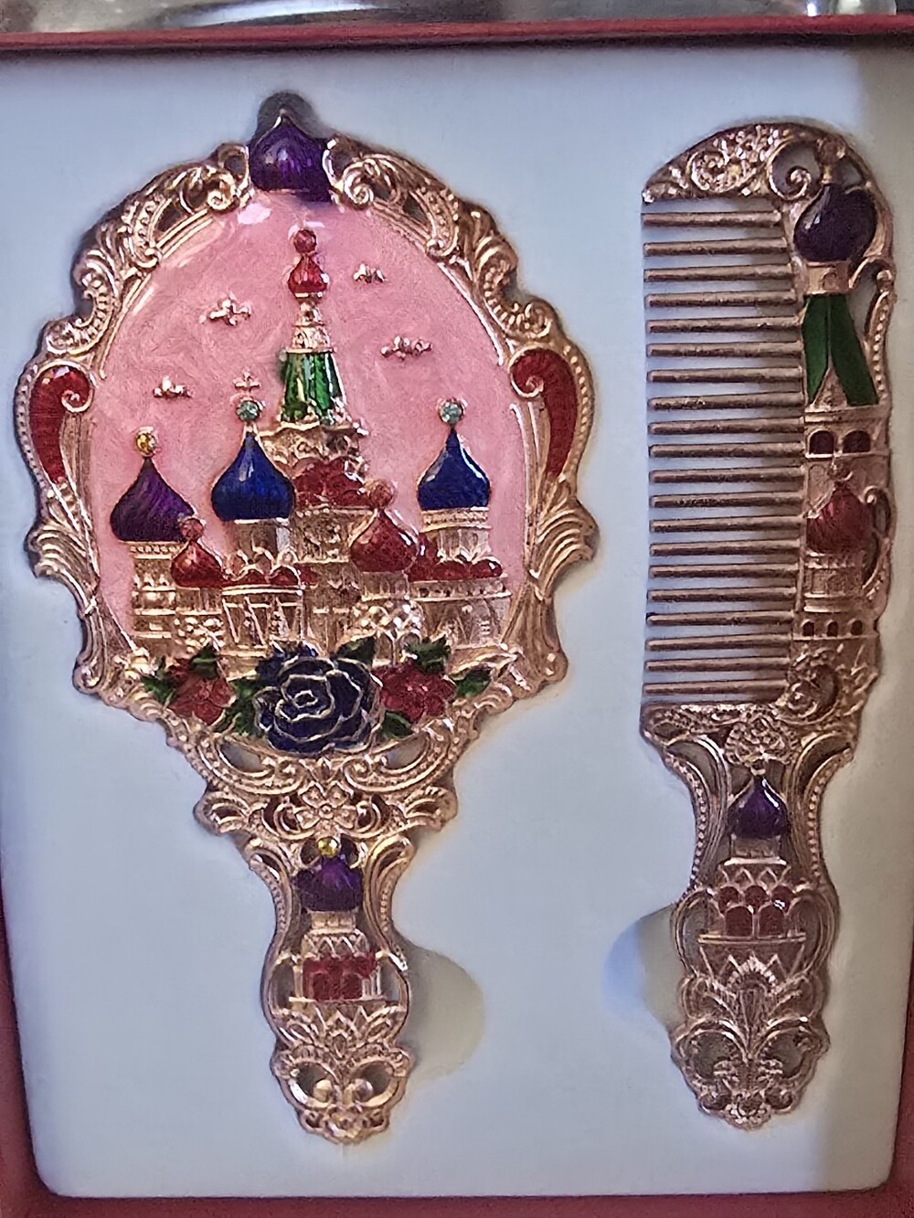 Ornate Gold-Tone Pink Hand Mirror and Comb Set